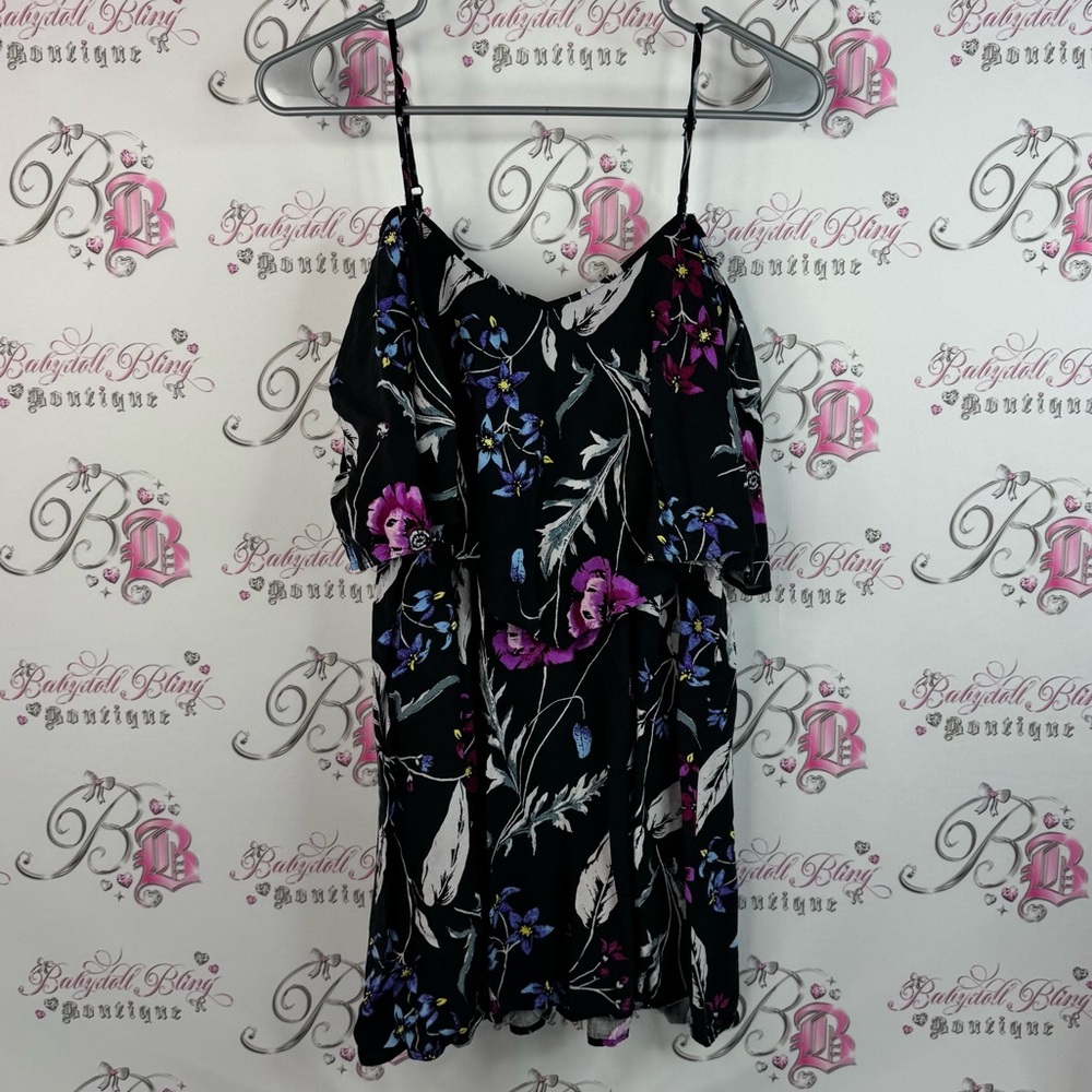 Express tank top ruffle flowers purple green Black and Gray Floral shirt
